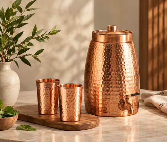 Handcrafted Copper Water Dispenser with Tap & 2 Tumblers