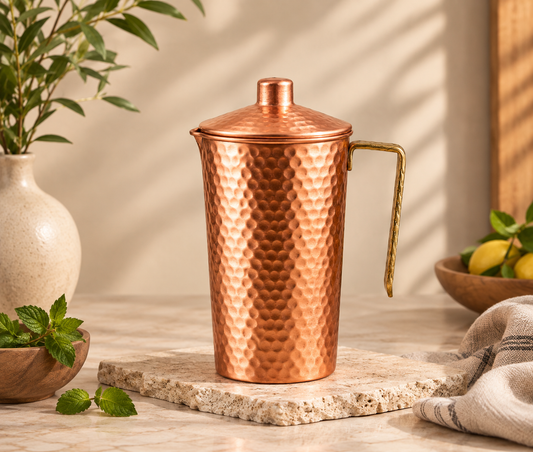 Handcrafted Copper Water Pitcher with Brass Handle