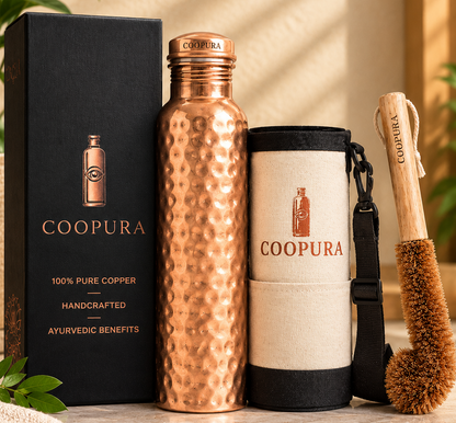Handcrafted Pure Copper Water Bottle Gift Set — with Carry Pouch & Cleaning Brush