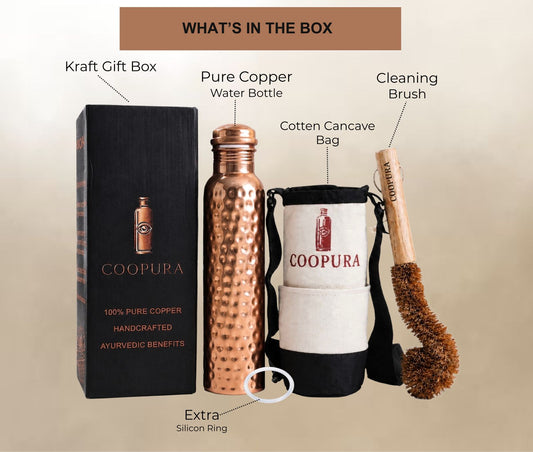 Handcrafted Pure Copper Water Bottle Gift Set — with Carry Pouch & Cleaning Brush